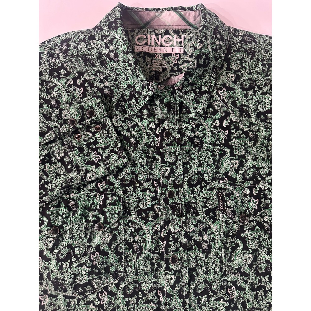 Cinch Modern Fit Mens XL Western Shirt Green Black Paisley Cotton MTW1301007